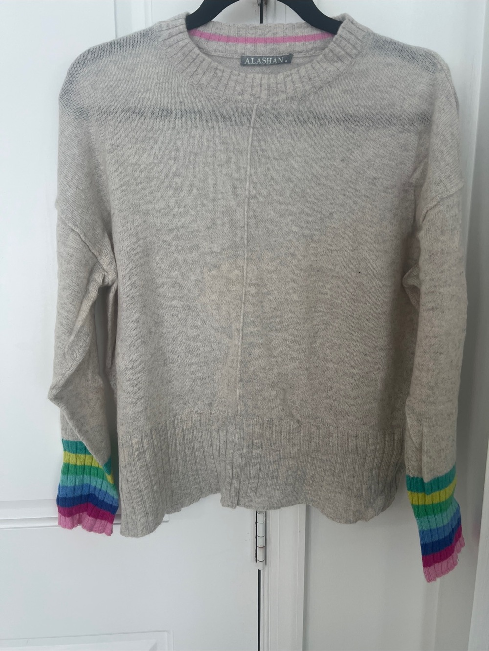 Alashan Cream Crewneck Sweater with Rainbow Stripe Cuffs